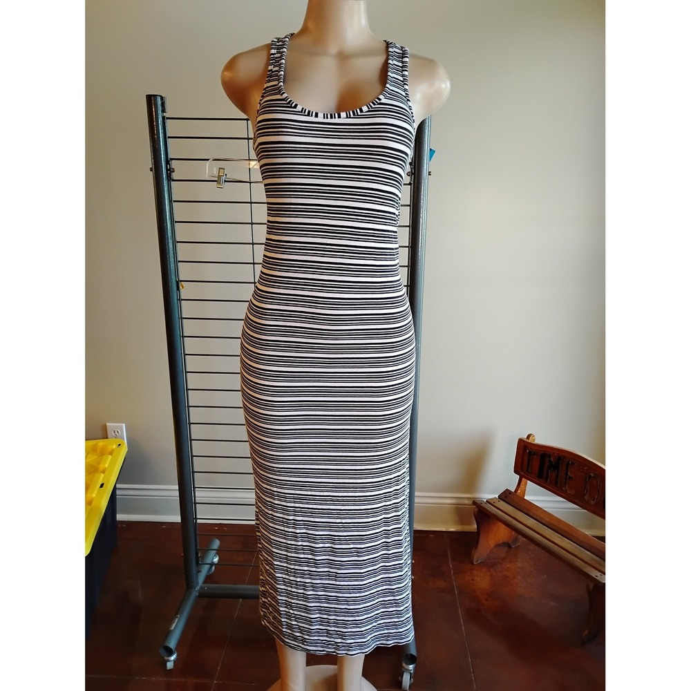 Love‎ Black White Striped Racerback Maxi Dress Small Sleeveless Side Slit Jersey